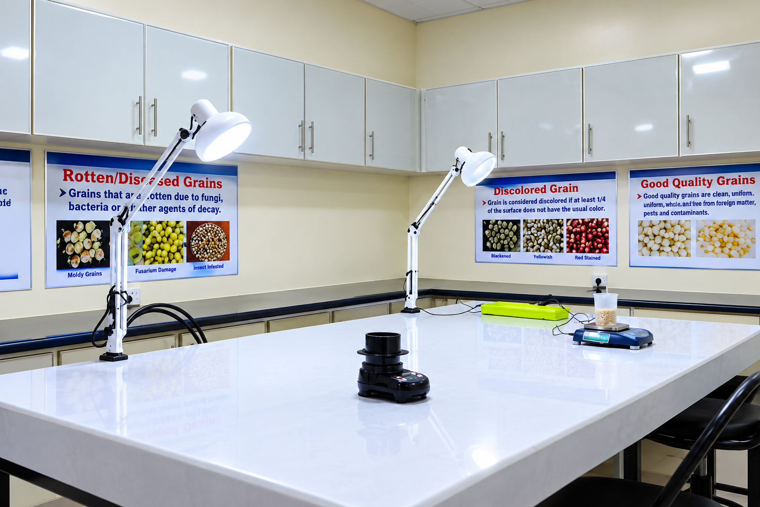 Quality grading lab with inspection lamps and grain defect reference charts