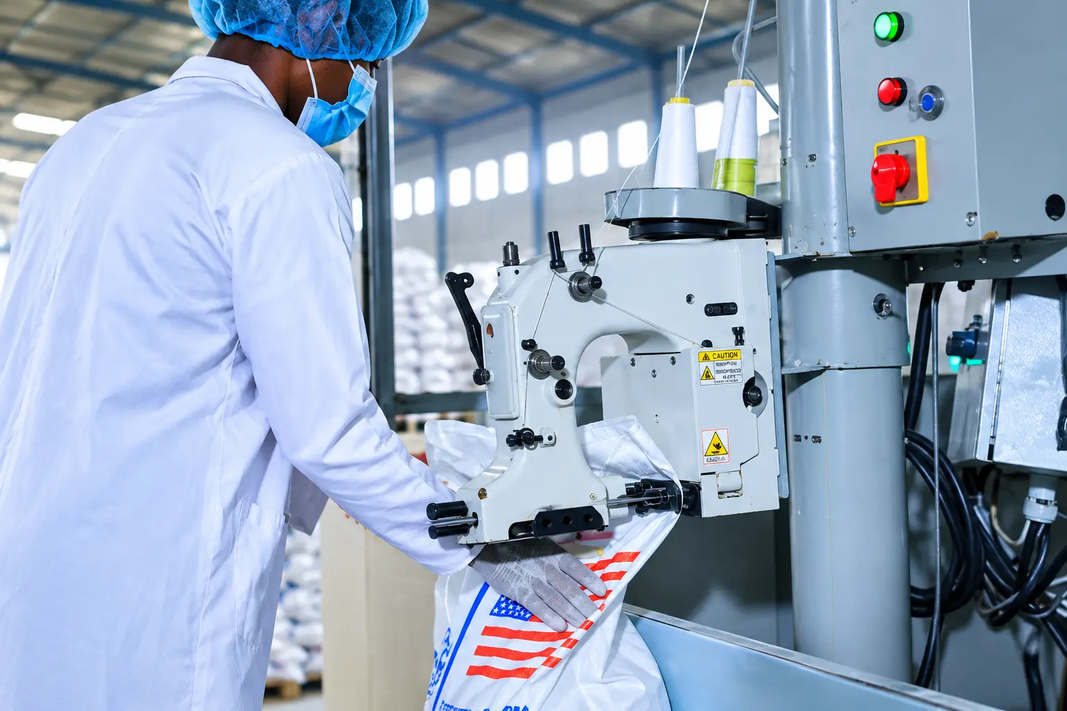 Quarit worker operating a bag-closing machine in the processing facility