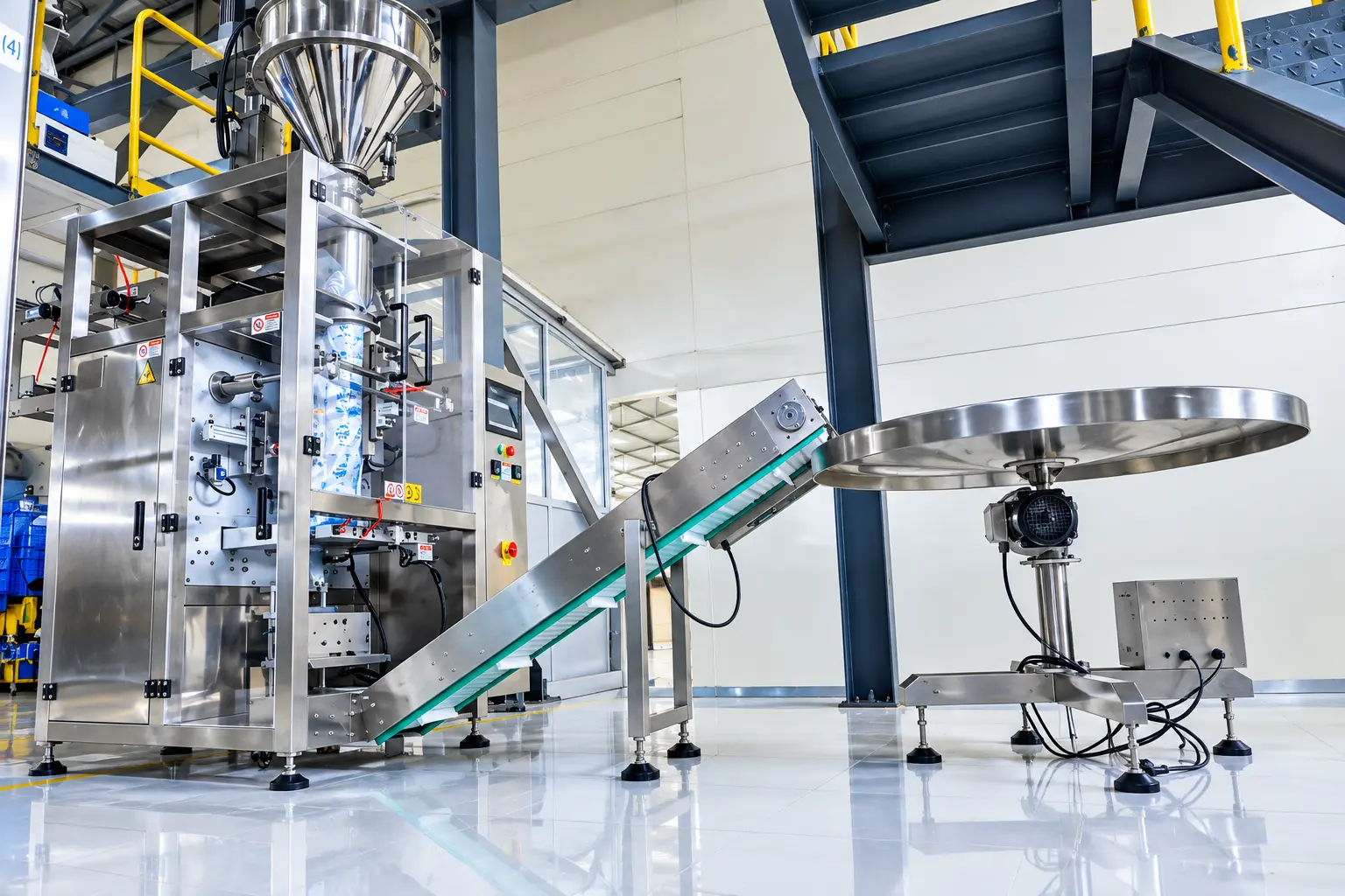 Automatic packing machine with inclined conveyor and rotary collection table