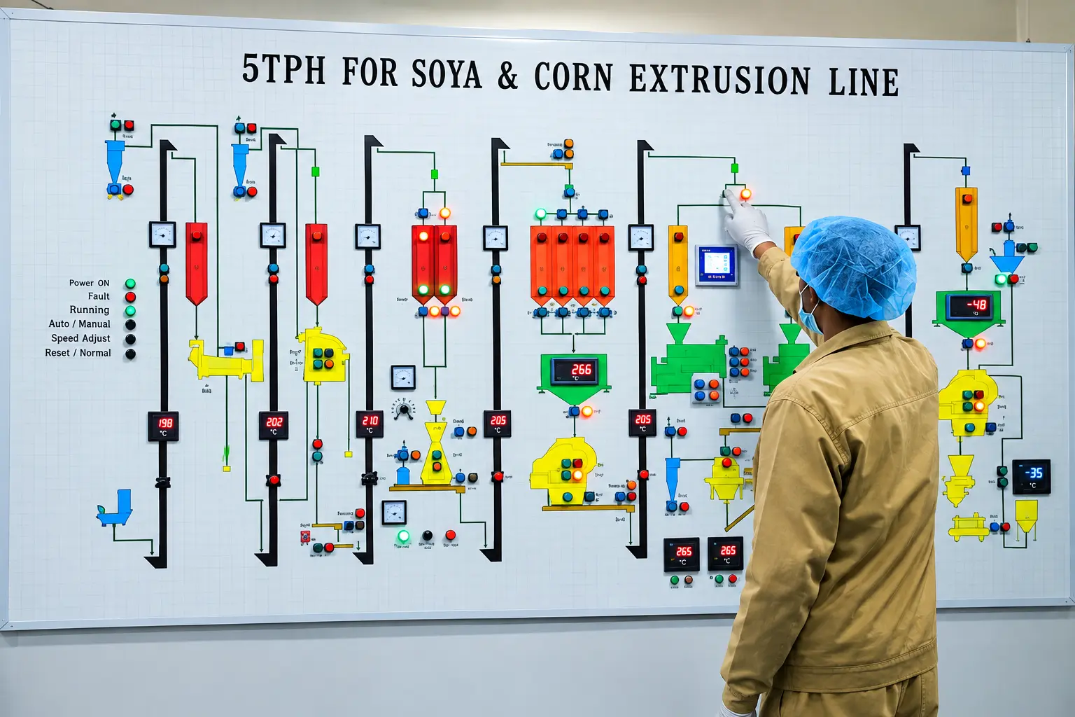 Operator monitoring the five-ton-per-hour soya and corn extrusion line control panel