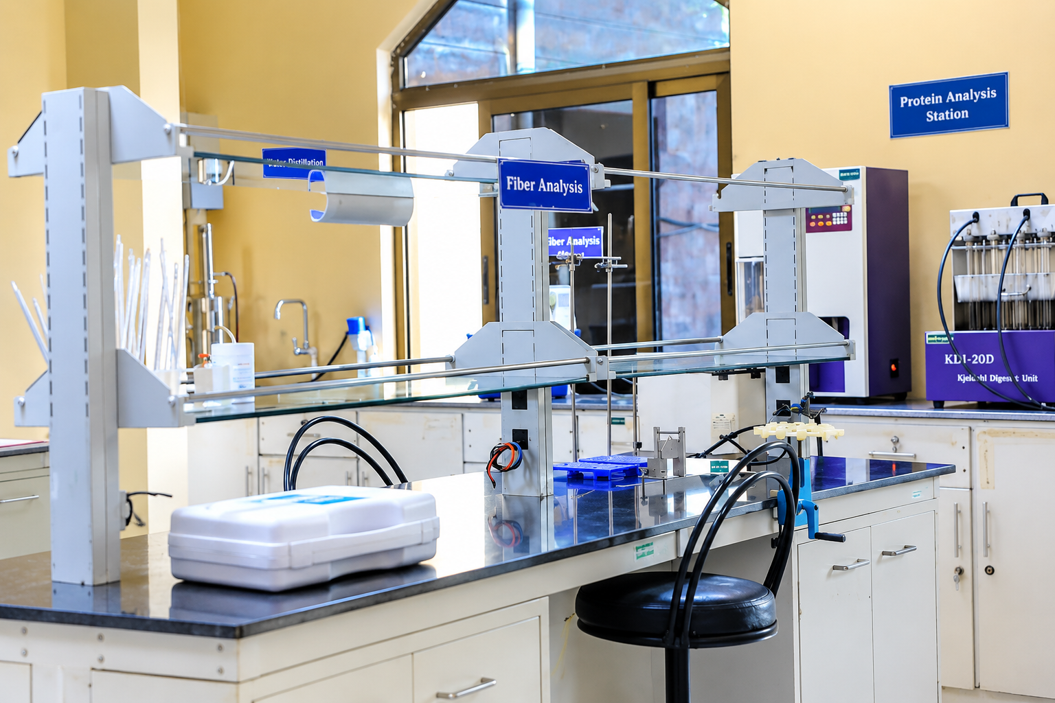 Food analysis laboratory with fiber analysis and water distillation stations