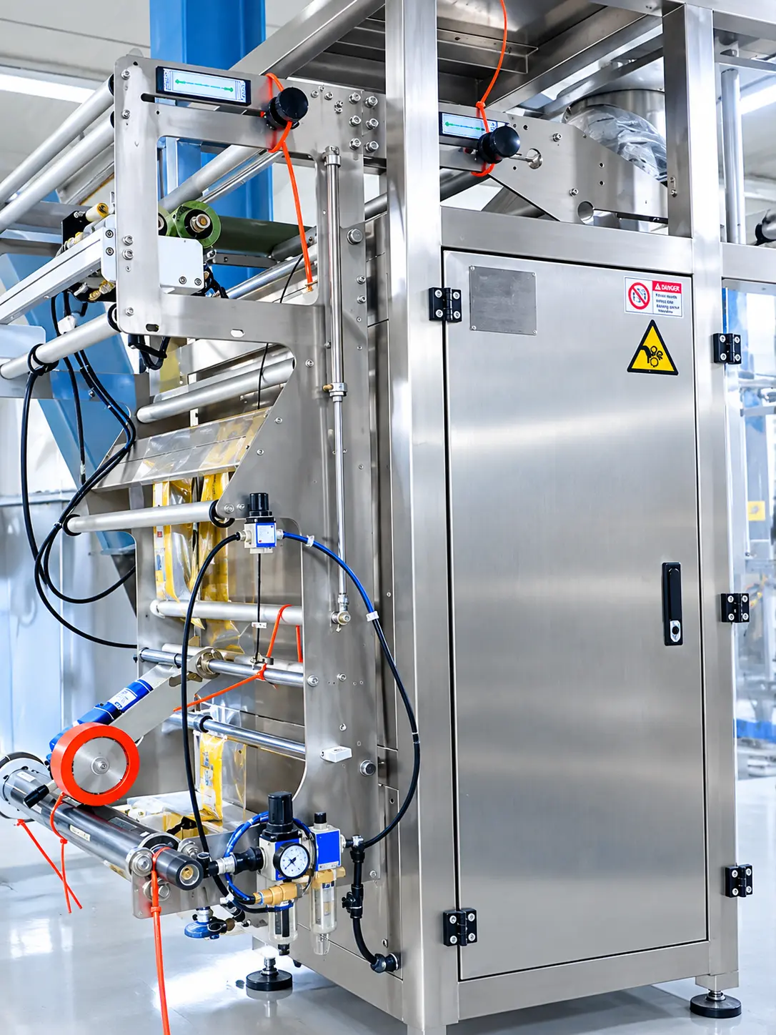 Close view of a stainless-steel automatic food packaging machine